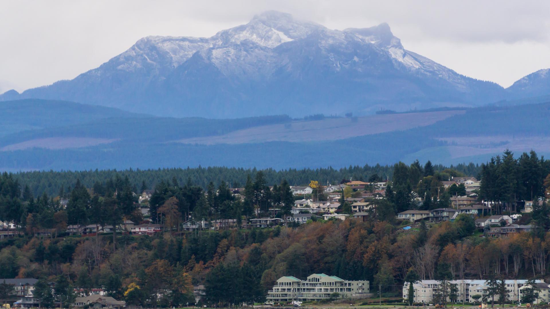 Snow-capped mountain with forest and town below under cloudy sky.